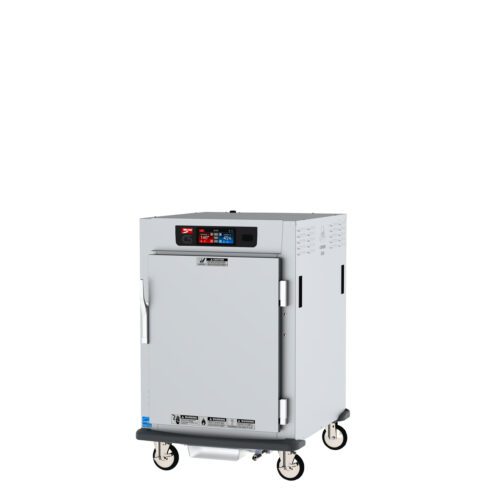 The Metro C595X-SFS-LA C5 9 Series Cabinet is a compact, portable food warmer on wheels with Lip Load Aluminum Slides and a digital control panel featuring red and blue displays. Its metallic and ideal for catering or food service use, operating at 220-240V and 1681-2000W.