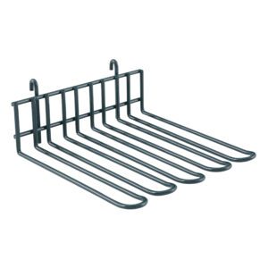 The Metro IWA-12K3 SmartWall Large Utensil Holder, Metroseal Green Epoxy, is a sleek black metal rack with five horizontal bars and two hooks, ideal for hanging pants or scarves. Designed for wall or closet mounting, its finish ensures both durability and style.