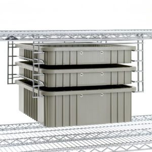 Three gray storage bins are stacked vertically on a Metro SS3NC Super Erecta Slide System for 21 Wide Shelves, supported by durable metal wire shelves with a grid pattern for stability.