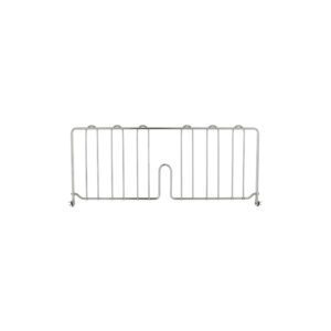 The Metro DD21S Super Erecta 21 shelf divider, made of gray stainless steel, features multiple vertical bars to hold plates upright and includes small hooks at each end for easy hanging.