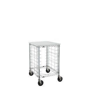 Meet the Metro RE3P Portable Wire Prep Rack, featuring an open-frame design, a flat square top, and four large black wheels for easy mobility. Its 3 slide spacing makes it ideal for convenient storage of various items.
