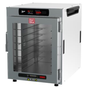 The Metro HBCW8-DC-CT HotBlox Wide 8-Pan Insulated Countertop Holding Cabinet, powered at 875W and 120V, features a clear front door revealing five metal racks. A digital touchscreen controller is on top, with the stylish Hot Blox logo displayed prominently for both function and style.