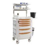 The Metro FLCAST Flexline Cast Cart is a versatile medical cart with orange-accented drawers containing essentials like wipes and gloves. It has multiple shelves, side bins, and four wheels for easy mobility, designed to enhance healthcare delivery efficiency.