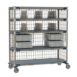 The Metro ECP56DX3 MetroMax i Deluxe Par Level Cart, 24 x 60, is a mobile metal rack with four lattice shelves and several gray plastic containers organized on the third and fourth levels for efficient storage.