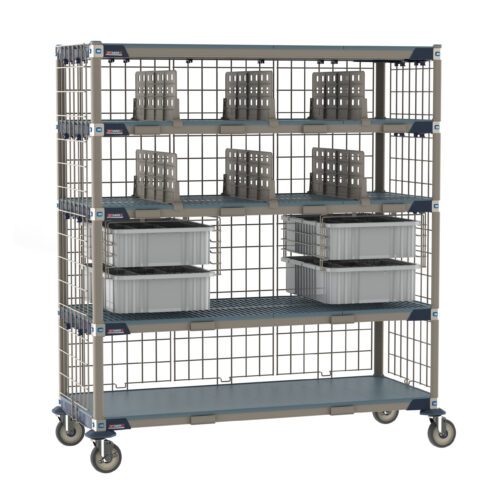 The Metro ECP56DX3 MetroMax i Deluxe Par Level Cart, 24 x 60, is a mobile metal rack with four lattice shelves and several gray plastic containers organized on the third and fourth levels for efficient storage.