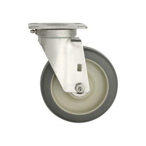 The Metro B5PGSA 5 Polyurethane Swivel B-Plate Caster for Made-to-Order Truck Dollies has a gray rubber tire and sturdy metal bracket, perfect for custom dollies. Positioned sideways on a white background, it displays the durable metal plate and robust axle elegantly.