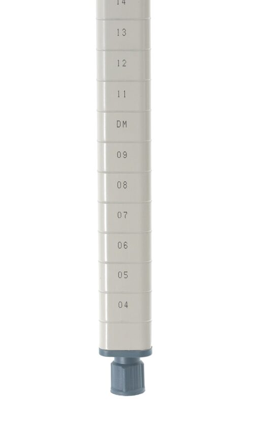 A white epoxy-coated steel cylindrical tool with 04–14 markings and a gray adjustable knob resembles the precision of a MetroMax MQ27PE Industrial Shelving Post against its sleek white backdrop.
