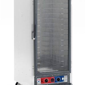 The Metro C517-CFC-4A C5 1 Series, a tall silver holding/proofing cabinet with a transparent front door and multiple shelves, features fixed wire slides for easy access and red/blue control panels at the bottom. It operates on 120V, 60Hz.