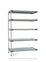 The MetroMax 4 5AX527G4 shelving unit is a five-tier industrial add-on with perforated shelves, measuring 24 x 30 x 74. The design provides an evenly spaced, sturdy appearance. Note: Dimensions may slightly vary.