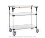 The Metro MS1824-FSFS-PK1 PrepMate MultiStation is a 24 prep station with solid stainless steel top and bottom shelves supported by stainless steel posts. It features a clear middle shelf, four swivel caster wheels, and orange corner accents on the handles. Note: Actual dimensions may vary.