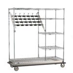 The Metro CPC3/2LC Super Erecta Cart, measuring 24 x 60 x 68, features wheels, wire shelves, and a tiered rack with binder clips. Its silver finish with a black base offers optimal storage and organization in a standard combination style.