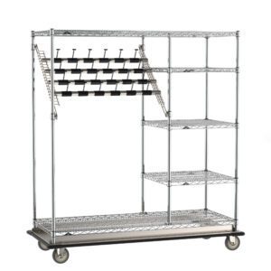 The Metro CPC3/2LC Super Erecta Cart, measuring 24 x 60 x 68, features wheels, wire shelves, and a tiered rack with binder clips. Its silver finish with a black base offers optimal storage and organization in a standard combination style.