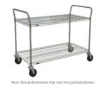 Explore the Metro 2SPN55ABR SP Series Utility Cart, featuring dual Brite Wire Shelves and four black wheels for mobility. It includes handles on both ends and a wire mesh design, measuring 24 x 48 x 39. Note: Actual dimensions may vary.