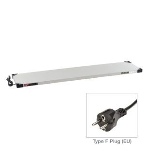 The inset features the Metro HSX1460-EU Super Erecta Hot Stainless Steel Heated Shelf, a 14 x 60 appliance with a Type F plug, operating at 220-240V and supporting 504-600W. Its slim design includes control buttons on one side, and it has a black plug with two round prongs.