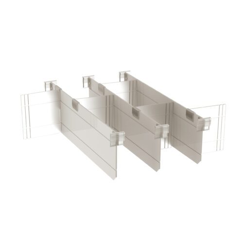 The image shows two elongated, rectangular metal structures, resembling the Metro FL116 6/9 Drawer Divider Kit for Flexline and Lifeline Carts. The dividers are parallel with transparent end brackets, showcasing a minimalist design on a white background.