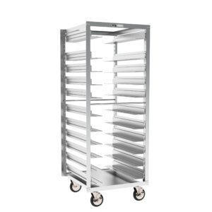 The Metro RF78N Roll-In Refrigerator Adjustable Pan Rack, measuring 24.375 x 26 x 64.5, is equipped with multiple shelves and four swivel wheels, making it perfect for efficient storage and transport of trays in commercial kitchens or bakeries.