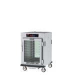 The Metro C595L-SFC-UPFC C5 9 Series Controlled Humidity Cabinet is a sleek silver mobile unit with a clear glass front, eight racks, top digital controls, and caster wheels for easy movement. It operates at 120V and features universal wire slides in a 1/2 height design.