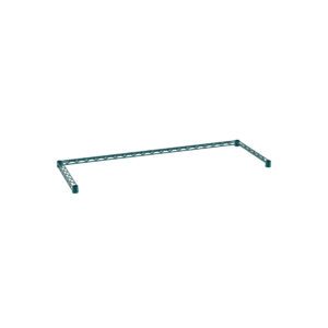 The 3D model features a Metro SF35N3K3 Super Erecta Three-Sided Double Snake Frame in Metroseal green epoxy, measuring 18 x 48. This truss structure forms an incomplete rectangular frame with triangular patterns, two supporting legs, and a horizontal beam against a white backdrop.