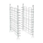 The Metro 20SNC Super Erecta Tray Slides for 24 wide shelves is a chrome steel wire rack with a grid design and multiple vertical slots, offering a sleek, metallic, minimalist aesthetic inspired by the original.