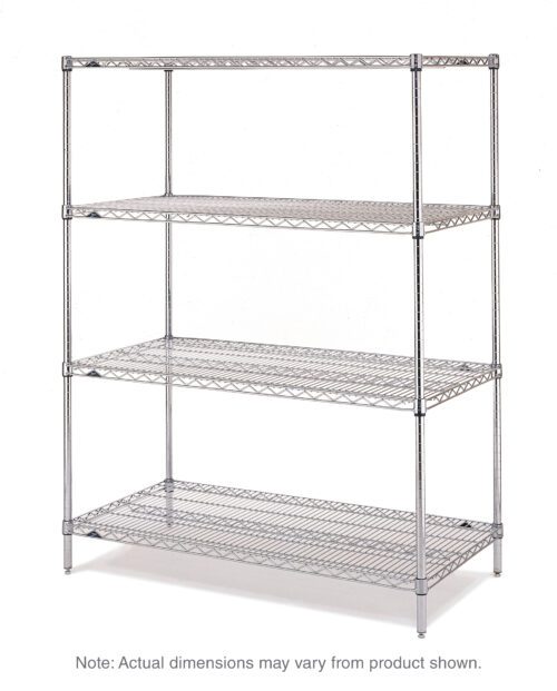 The Metro EZ1860NC-4 Super Erecta 4-Shelf Industrial Wire Shelving Convenience Pak features a chrome, mesh-like design with evenly spaced tiers, measuring 18 x 60 x 74. Note: Actual dimensions may vary.