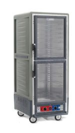 The Metro C539-CDC-U-GY C5 3 Series Cabinet is a full-height insulated unit with gray plastic, stainless steel, Dutch clear doors, universal wire slides, and a gray control panel. Its on wheels and operates at 120V/60Hz.
