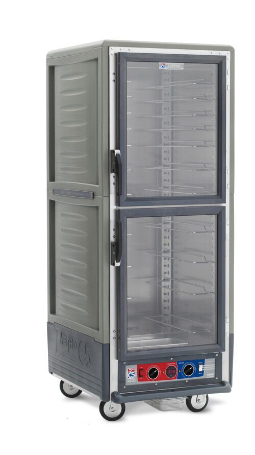 The Metro C539-CDC-U-GY C5 3 Series Cabinet is a full-height insulated unit with gray plastic, stainless steel, Dutch clear doors, universal wire slides, and a gray control panel. Its on wheels and operates at 120V/60Hz.