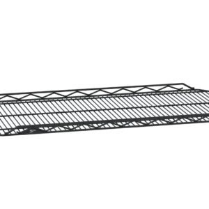 The Metro HDM2436QBL qwikSLOT Drop Mat Wire Display Shelf, Black, 24 x 36, features a sleek wall-mounted design with raised edges and wire grid. Its geometric side patterns enhance its modern look, beautifully showcased at an angle.