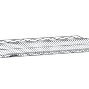 The Metro HDM2148QC qwikSLOT Drop Mat Wire Display Shelf is a rectangular chrome metal unit, featuring a 21 x 48 grid pattern for sturdy, open-frame construction, enabling optimal storage, ventilation, and visibility.