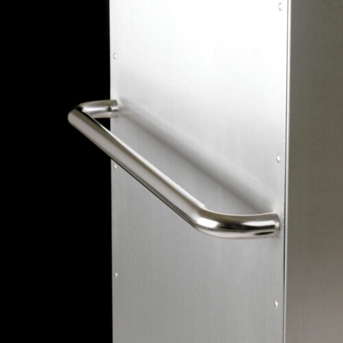 Close-up of a silver metal grab bar like the Metro C5-RHANDLE Rear Push Handle for C5 1 Series Cabinets, mounted on a light gray wall against a black backdrop. The horizontally aligned handle is secured with multiple screws, subtly reflecting light.
