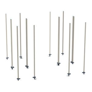 A dozen tall, slender polymer posts with adjustable base clamps are evenly spaced against a white backdrop, resembling a scaffolding or support structure similar to the Metro LBTEX3 qwikTRAK Double Deep Stationary End Unit Kit for MetroMax Shelving.