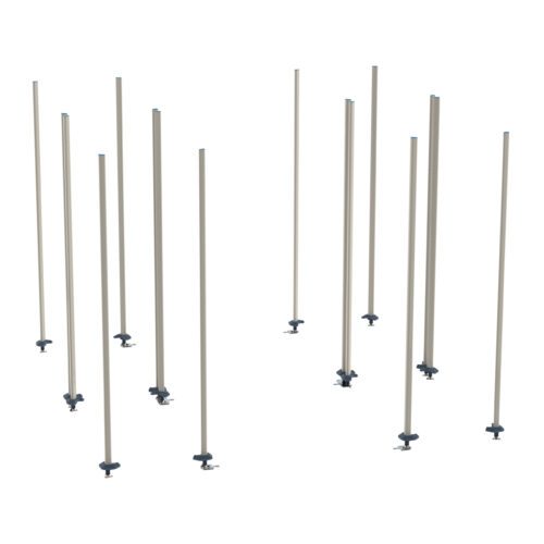 A dozen tall, slender polymer posts with adjustable base clamps are evenly spaced against a white backdrop, resembling a scaffolding or support structure similar to the Metro LBTEX3 qwikTRAK Double Deep Stationary End Unit Kit for MetroMax Shelving.