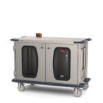 The Metro CaseVue CV48LC-NBFH Surgical Case Cart offers glass doors, two compartments, swing-up handles, color flags on the top left, and features a modern design with a light gray finish and blue accents. Dimensions: 57.5W x 28D x 40.625H.