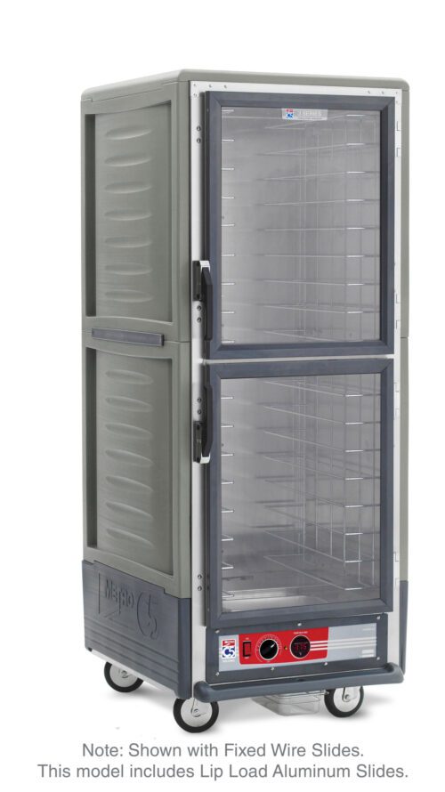 The Metro C539-HLDC-L-GY Full Height Insulated Holding Cabinet features Dutch Clear Doors, transparent front, gray sides, and a metal interior. It supports sliding trays with fixed wire and lip load aluminum slides for versatile organization.