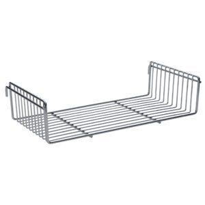 The Metro PBA-GSD SmartWall Light-Duty with Side Ledges, Chrome, features a rectangular base and raised edges. It includes horizontal bars for organization and top-edge hooks for hanging, ideal for closets or kitchens.