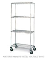 The Metro N466BBR Super Erecta 4-Shelf Industrial Wire Shelving Stem Caster Cart offers a sleek Brite finish, with four wire shelves and caster wheels for versatile storage and mobility. Measuring 21 x 60 x 67.875, please note dimensions may vary from the product shown.