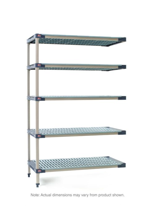 The MetroMax 4 5AX517G4 5-Shelf Plastic Industrial Shelving Add-On Unit features adjustable legs and five slatted shelves, measuring 24 x 24 x 74, and is displayed on a plain white background with a note that actual dimensions may vary.