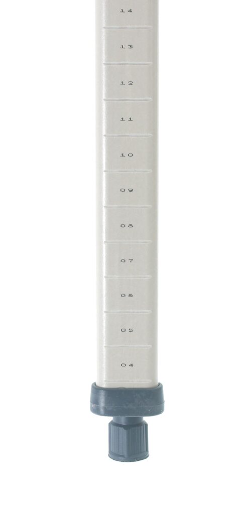 Close-up of a MetroMax MX33P Industrial Shelving Post made of durable polymer. The silver post features a black knob at the bottom and is marked with evenly spaced numerical increments for precise measurements, ideal for industrial use.