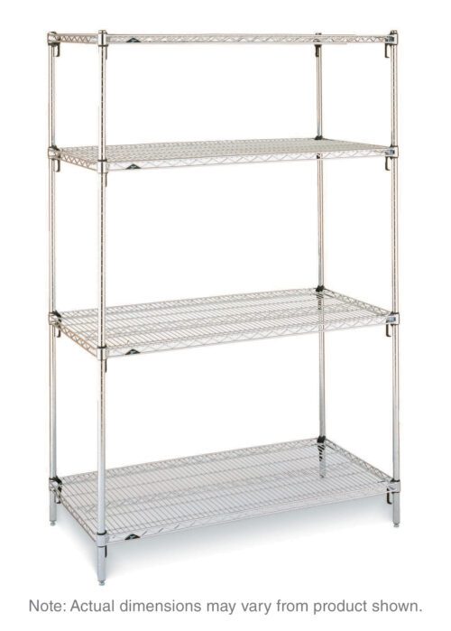 The Metro Super Adjustable Super Erecta A366C 4-Shelf Industrial Wire Shelving Starter Unit in chrome (18 x 60 x 63) is a minimalist metal piece with adjustable shelves for versatile storage, noting potential dimension variations.
