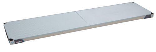 The treadmill, similar to the MetroMax i MX1872F Plastic Industrial Shelf, boasts a long rectangular design with a sleek light gray surface and sturdy black corner accents. Its smart folding mechanism makes it as space-efficient as an 18 x 72 industrial shelf.