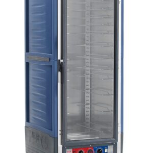 The Metro C539-CXFC-U-BU is a tall, blue holding/proofing cabinet with Universal Wire Slides, a full-length clear door, wire shelves, and two control dials. Designed for easy mobility on wheels, it operates efficiently on 220-240V.