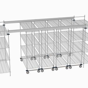 The Metro TT16-E2460M2460C Top-Track Shelving Kit for 16 ft. Spaces includes mobile, multi-level, 60 wide chrome wire shelves with a metallic finish for easy mobility and organized storage.
