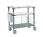 The Metro MS1836-FSPR-PK2 PrepMate MultiStation is a 36 prep station featuring a solid stainless steel top shelf and Super Erecta Pro bottom shelf, supported by Metroseal Green Epoxy posts. Its design includes three tiers and silver containers with black and orange accents for style and stability.