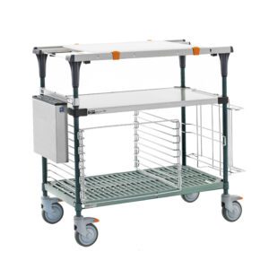 The Metro MS1836-FSPR-PK2 PrepMate MultiStation is a 36 prep station featuring a solid stainless steel top shelf and Super Erecta Pro bottom shelf, supported by Metroseal Green Epoxy posts. Its design includes three tiers and silver containers with black and orange accents for style and stability.
