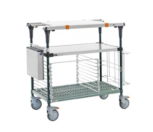 The Metro MS1836-FSPR-PK2 PrepMate MultiStation is a 36 prep station featuring a solid stainless steel top shelf and Super Erecta Pro bottom shelf, supported by Metroseal Green Epoxy posts. Its design includes three tiers and silver containers with black and orange accents for style and stability.