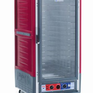 The Metro C537-CXFC-LA C5 3 Series Cabinet in red features a full-length transparent door, lip load aluminum slides, metal interior shelves, dual control knobs, wheels for mobility, and operates at 220-240V with 50/60Hz power in a 3/4 height design.