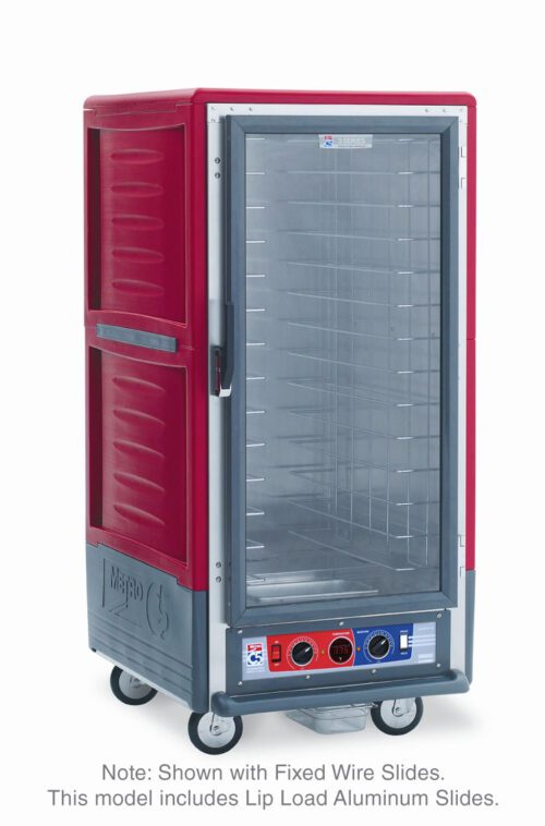 n73y7pemiwchsy6jxojv09rfcggkfy0t.jpg The Metro C537-CXFC-LA C5 3 Series Cabinet in red features a full-length transparent door, lip load aluminum slides, metal interior shelves, dual control knobs, wheels for mobility, and operates at 220-240V with 50/60Hz power in a 3/4 height design.