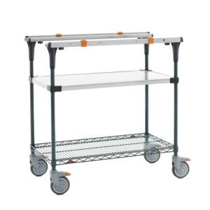 The Metro MS1836-FSNK PrepMate MultiStation 36 Prep Station boasts a durable solid stainless steel top shelf and a Metroseal green epoxy wire bottom shelf with stainless steel posts, paired with sturdy wheels for easy mobility, combining style and functionality.