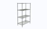 The Metro N336C Super Erecta Chrome Shelving Unit, measuring 18 x 36 x 63, features an open, freestanding design with four adjustable shelves ideal for storage or display, offering a sleek industrial aesthetic.
