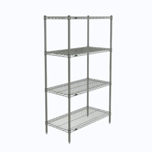 The Metro N336C Super Erecta Chrome Shelving Unit, measuring 18 x 36 x 63, features an open, freestanding design with four adjustable shelves ideal for storage or display, offering a sleek industrial aesthetic.