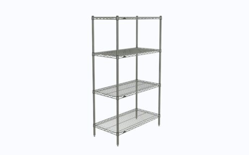 The Metro N336C Super Erecta Chrome Shelving Unit, measuring 18 x 36 x 63, features an open, freestanding design with four adjustable shelves ideal for storage or display, offering a sleek industrial aesthetic.
